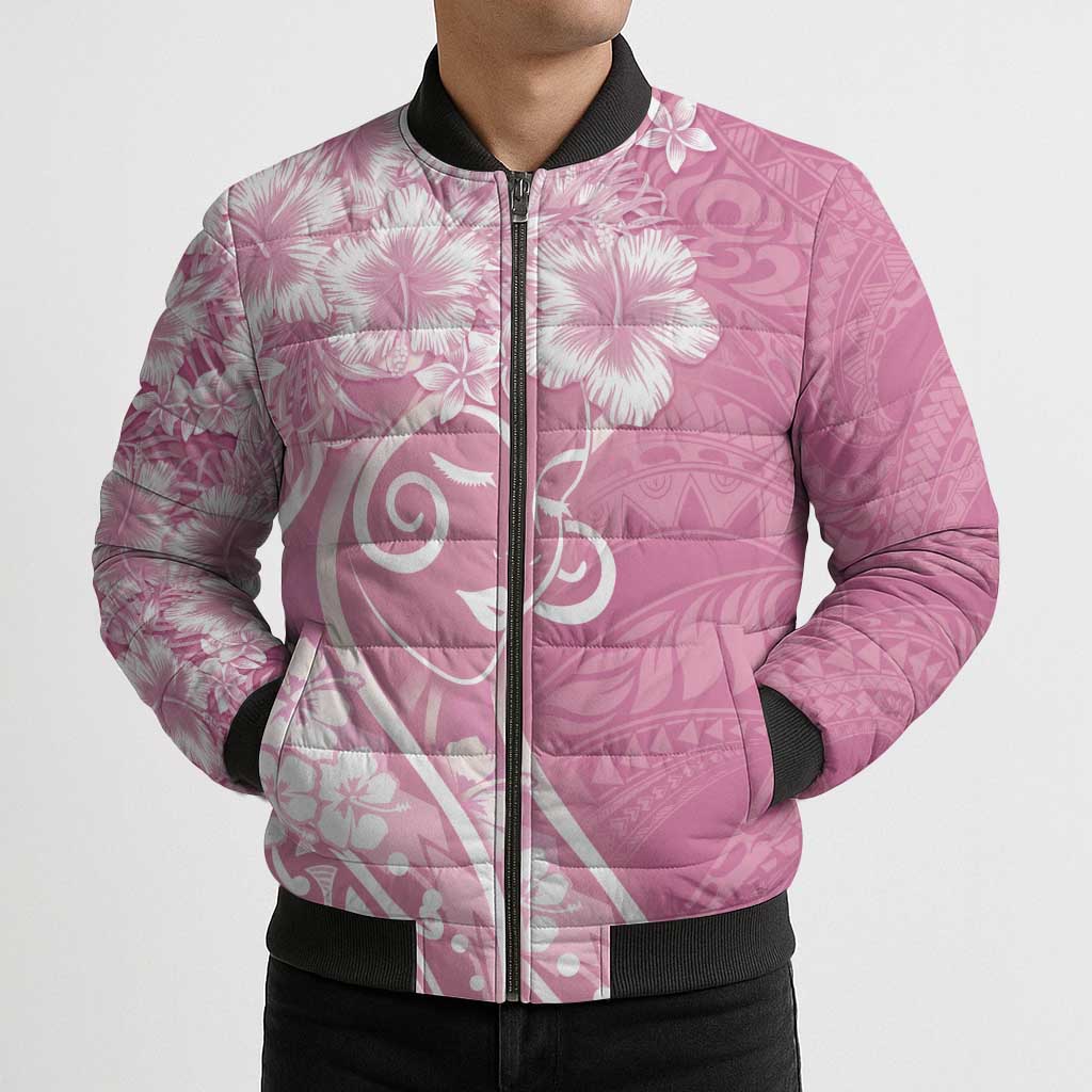 Polynesian Women's Day Bomber Puffer Jacket Pink Hibiscus Flowers With Polynesian Pattern LT05 - Polynesian Pride