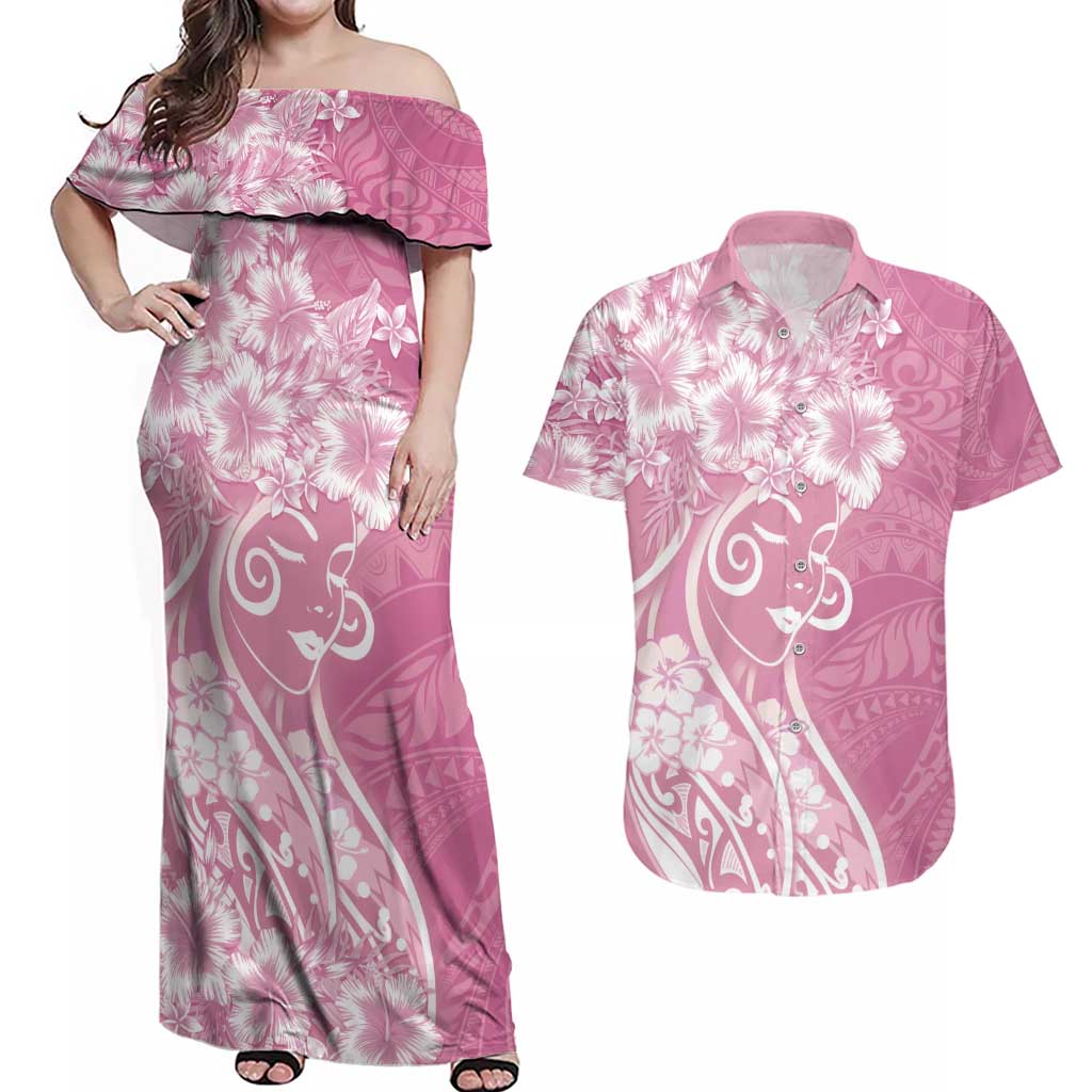 Polynesian Women's Day Couples Matching Off Shoulder Maxi Dress and Hawaiian Shirt Pink Hibiscus Flowers With Polynesian Pattern LT05 Pink - Polynesian Pride