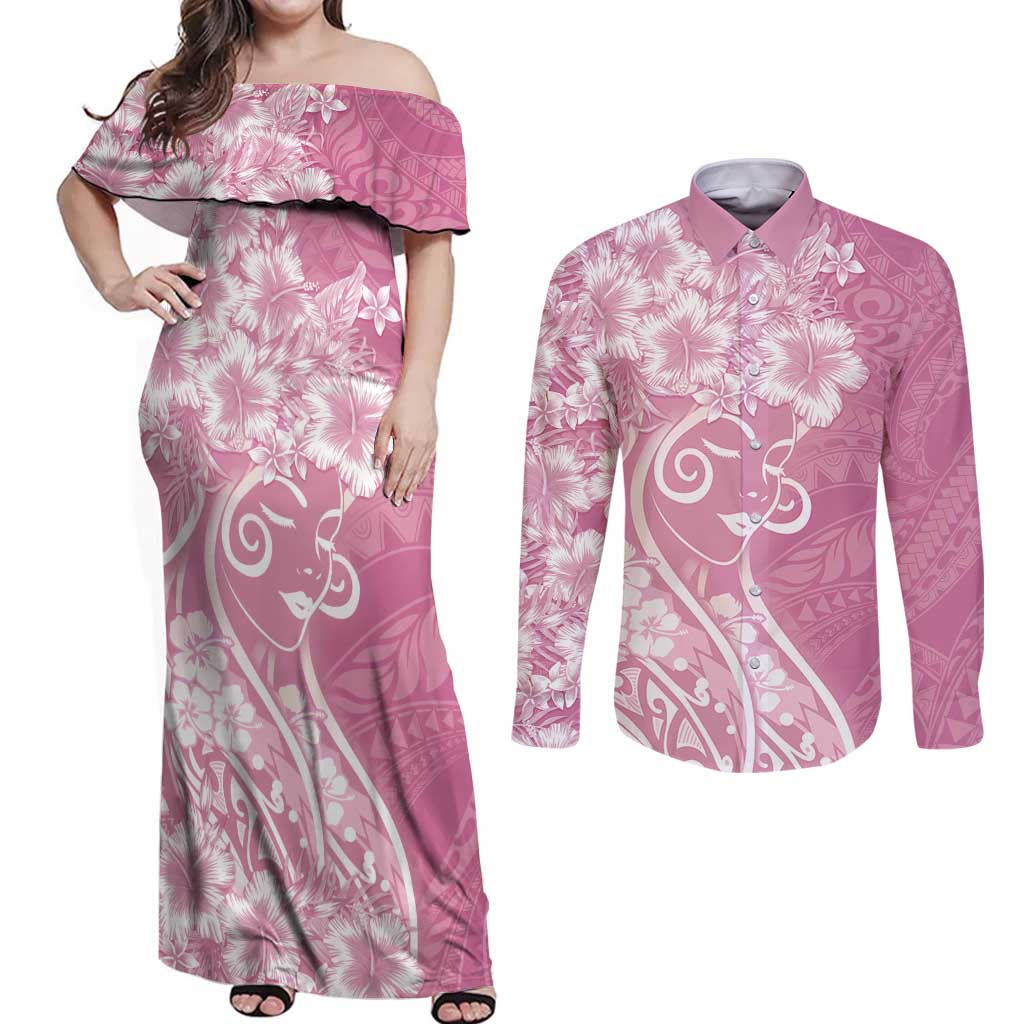 Polynesian Women's Day Couples Matching Off Shoulder Maxi Dress and Long Sleeve Button Shirt Pink Hibiscus Flowers With Polynesian Pattern LT05 Pink - Polynesian Pride