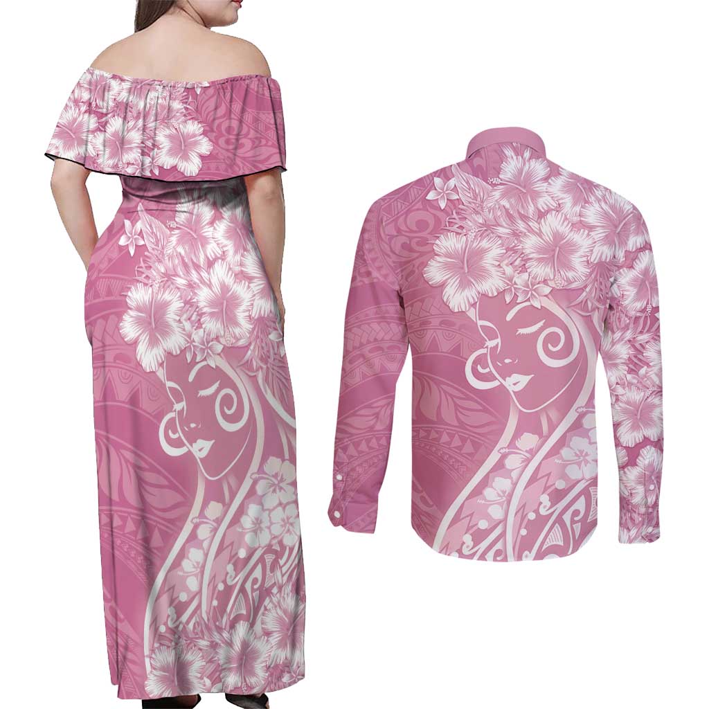 Polynesian Women's Day Couples Matching Off Shoulder Maxi Dress and Long Sleeve Button Shirt Pink Hibiscus Flowers With Polynesian Pattern LT05 - Polynesian Pride