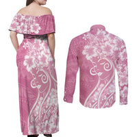 Polynesian Women's Day Couples Matching Off Shoulder Maxi Dress and Long Sleeve Button Shirt Pink Hibiscus Flowers With Polynesian Pattern LT05 - Polynesian Pride