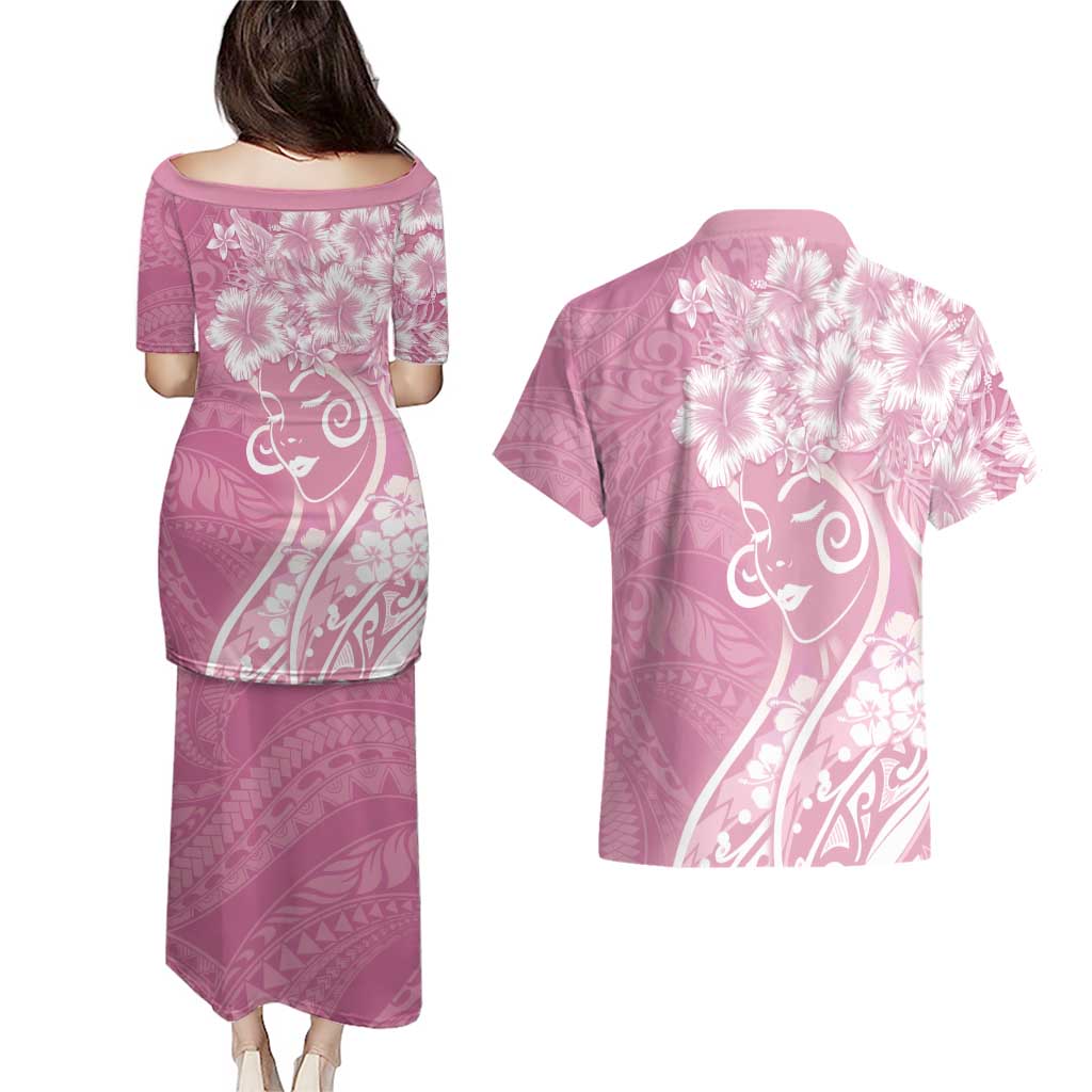 Polynesian Women's Day Couples Matching Puletasi and Hawaiian Shirt Pink Hibiscus Flowers With Polynesian Pattern LT05 - Polynesian Pride