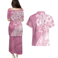 Polynesian Women's Day Couples Matching Puletasi and Hawaiian Shirt Pink Hibiscus Flowers With Polynesian Pattern LT05 - Polynesian Pride