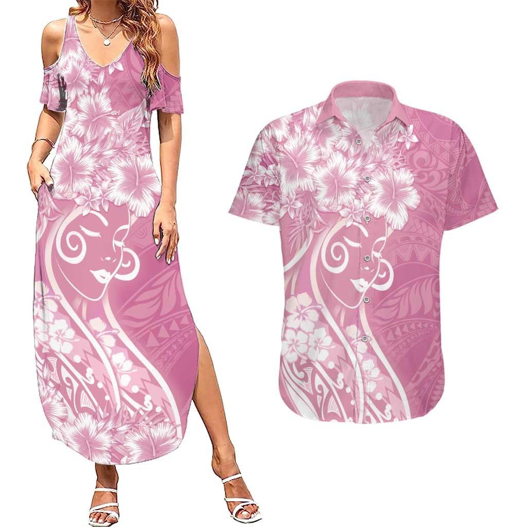 Polynesian Women's Day Couples Matching Summer Maxi Dress and Hawaiian Shirt Pink Hibiscus Flowers With Polynesian Pattern LT05 Pink - Polynesian Pride