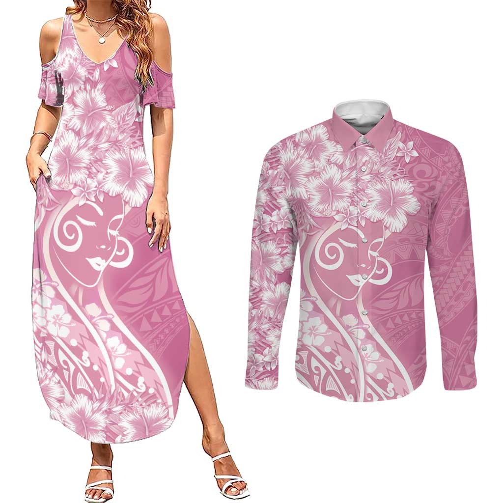 Polynesian Women's Day Couples Matching Summer Maxi Dress and Long Sleeve Button Shirt Pink Hibiscus Flowers With Polynesian Pattern LT05 Pink - Polynesian Pride