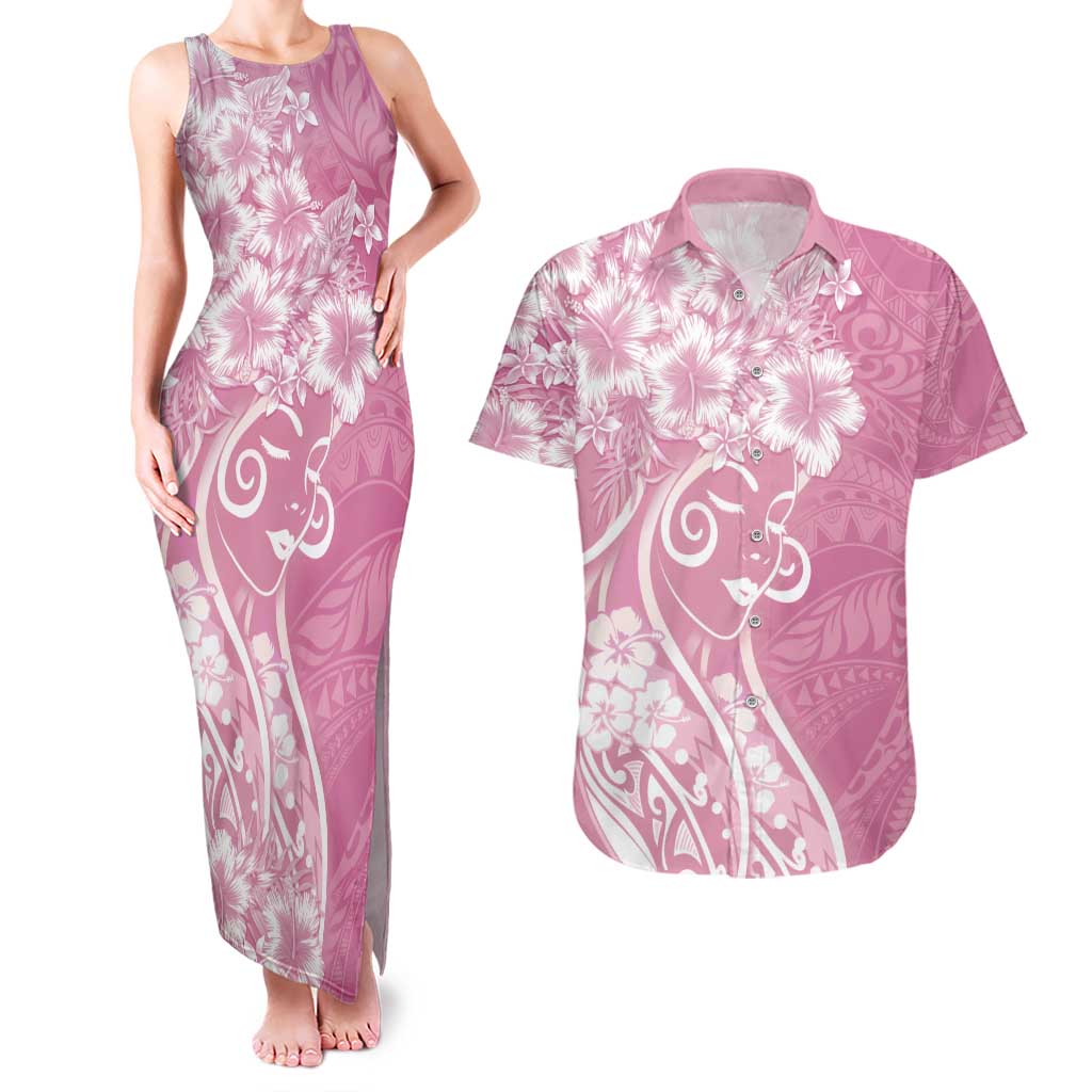 Polynesian Women's Day Couples Matching Tank Maxi Dress and Hawaiian Shirt Pink Hibiscus Flowers With Polynesian Pattern LT05 Pink - Polynesian Pride