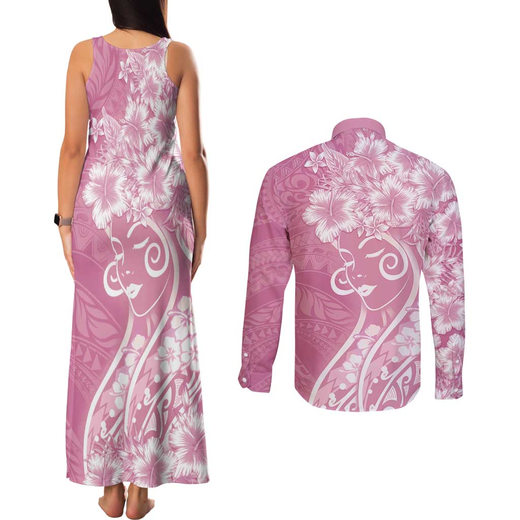Polynesian Women's Day Couples Matching Tank Maxi Dress and Long Sleeve Button Shirt Pink Hibiscus Flowers With Polynesian Pattern LT05 - Polynesian Pride