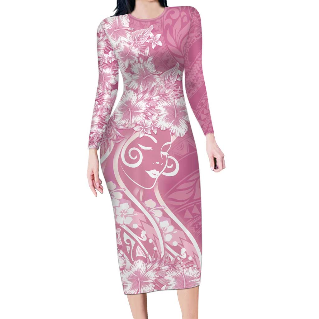 Polynesian Women's Day Family Matching Long Sleeve Bodycon Dress and Hawaiian Shirt Pink Hibiscus Flowers With Polynesian Pattern