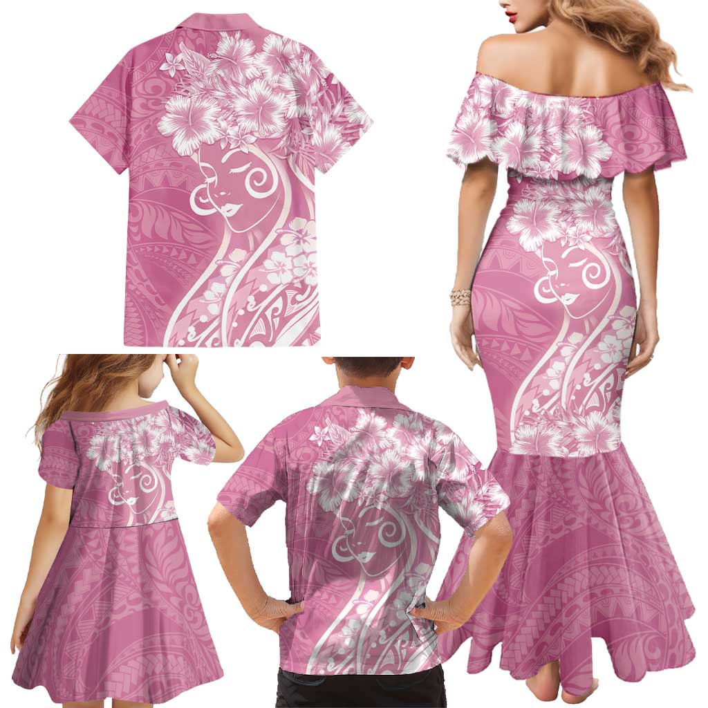 Polynesian Women's Day Family Matching Mermaid Dress and Hawaiian Shirt Pink Hibiscus Flowers With Polynesian Pattern