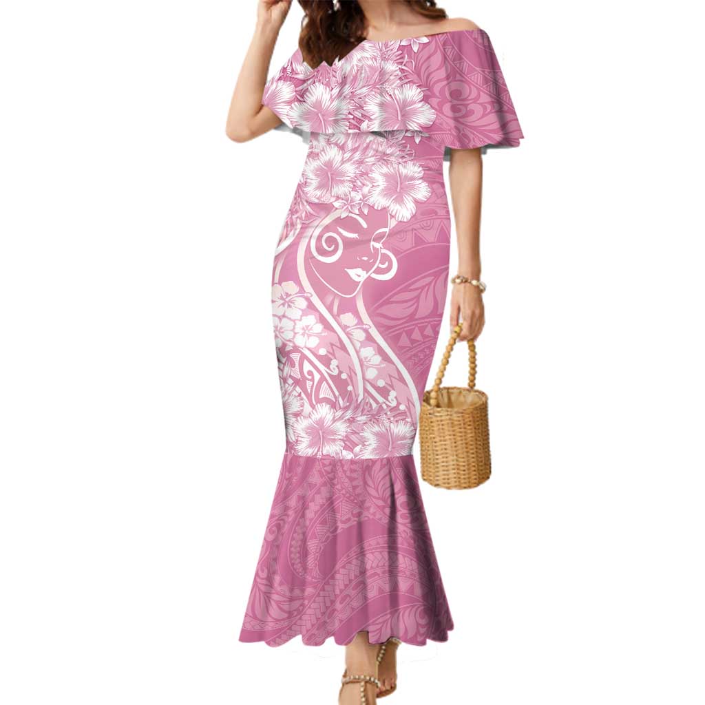 Polynesian Women's Day Family Matching Mermaid Dress and Hawaiian Shirt Pink Hibiscus Flowers With Polynesian Pattern