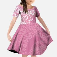 Polynesian Women's Day Family Matching Off The Shoulder Long Sleeve Dress and Hawaiian Shirt Pink Hibiscus Flowers With Polynesian Pattern