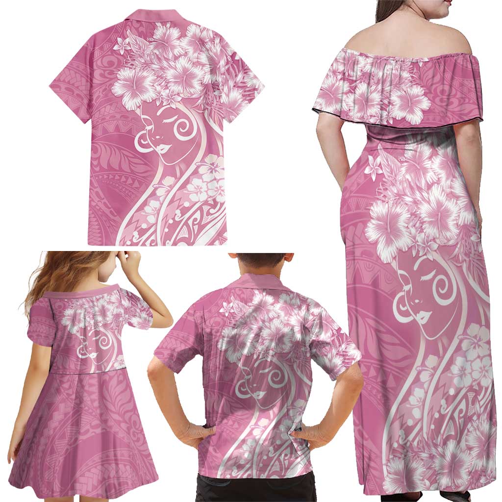 Polynesian Women's Day Family Matching Off Shoulder Maxi Dress and Hawaiian Shirt Pink Hibiscus Flowers With Polynesian Pattern