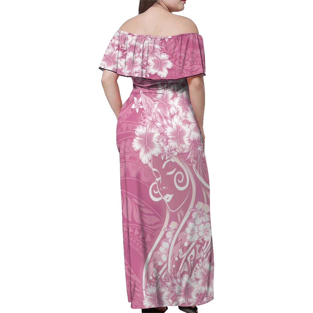 Polynesian Women's Day Family Matching Off Shoulder Maxi Dress and Hawaiian Shirt Pink Hibiscus Flowers With Polynesian Pattern