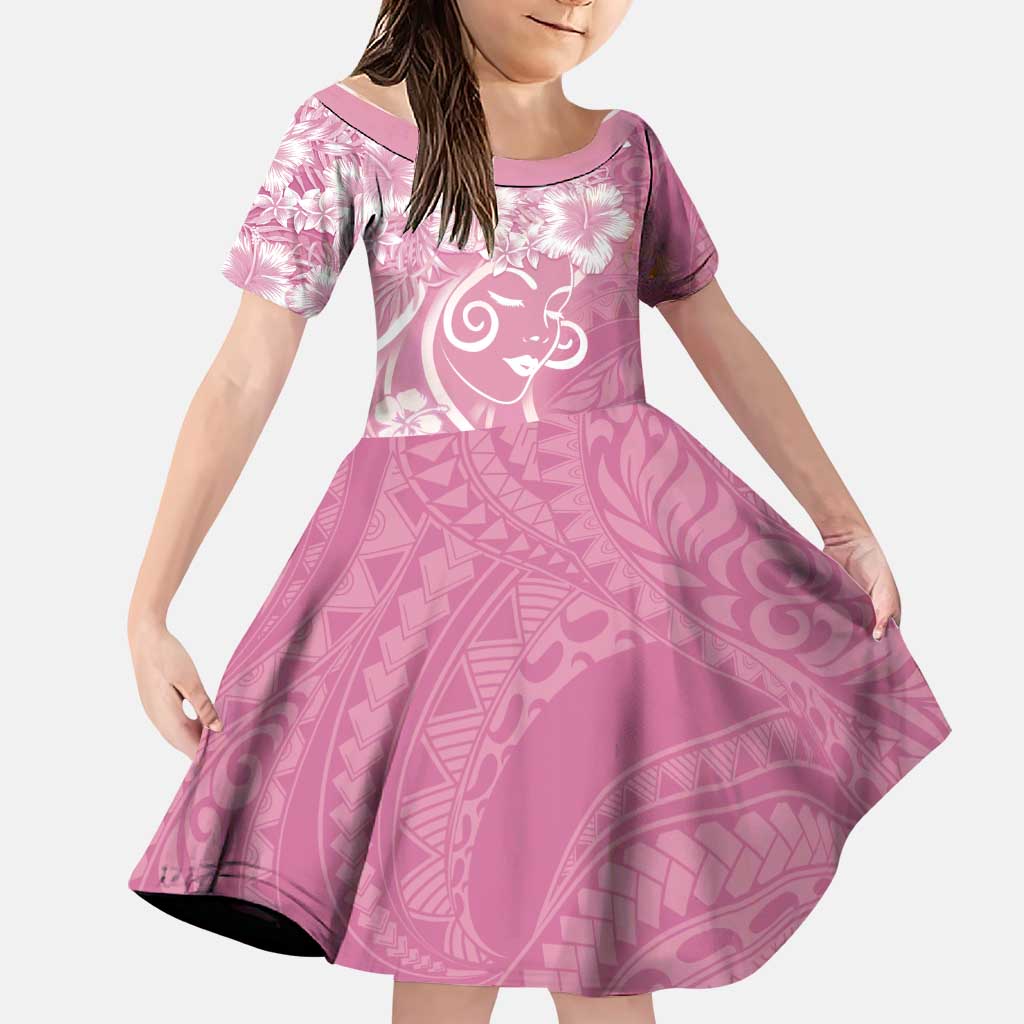 Polynesian Women's Day Family Matching Off Shoulder Short Dress and Hawaiian Shirt Pink Hibiscus Flowers With Polynesian Pattern