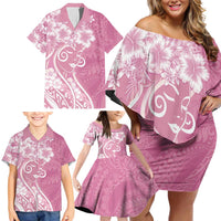 Polynesian Women's Day Family Matching Off Shoulder Short Dress and Hawaiian Shirt Pink Hibiscus Flowers With Polynesian Pattern