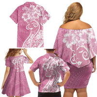 Polynesian Women's Day Family Matching Off Shoulder Short Dress and Hawaiian Shirt Pink Hibiscus Flowers With Polynesian Pattern
