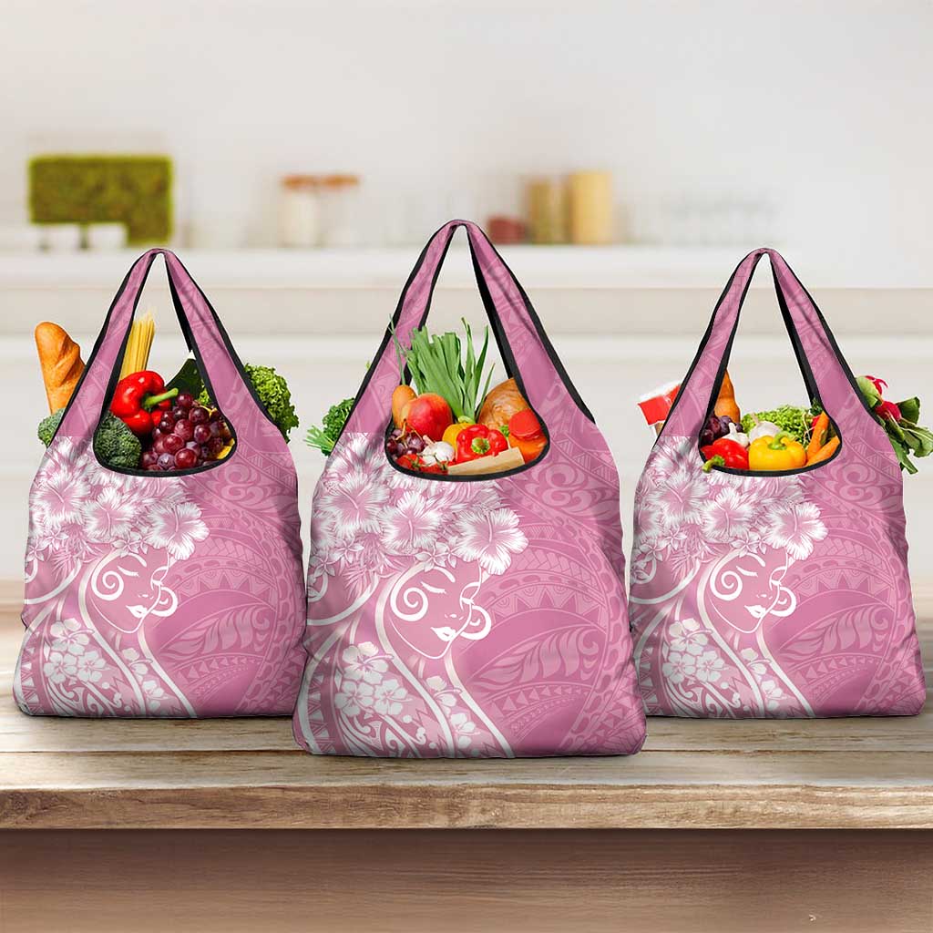 Polynesian Women's Day Grocery Bag Pink Hibiscus Flowers With Polynesian Pattern LT05 3-pack One Size Pink - Polynesian Pride