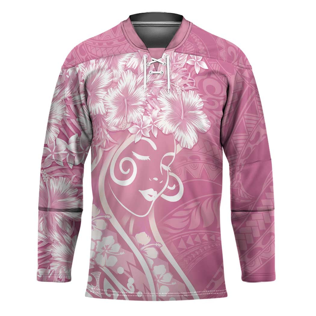 Polynesian Women's Day Hockey Jersey Pink Hibiscus Flowers With Polynesian Pattern