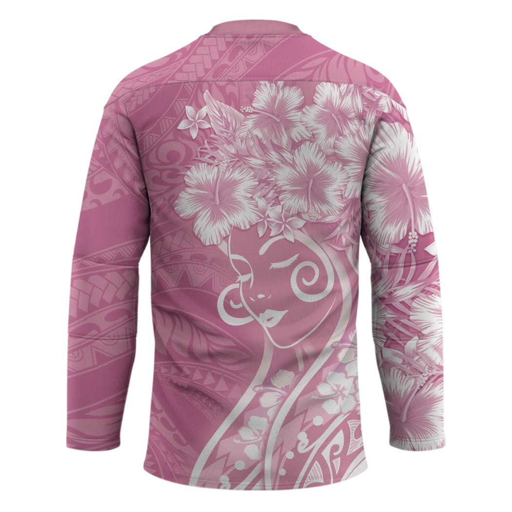Polynesian Women's Day Hockey Jersey Pink Hibiscus Flowers With Polynesian Pattern