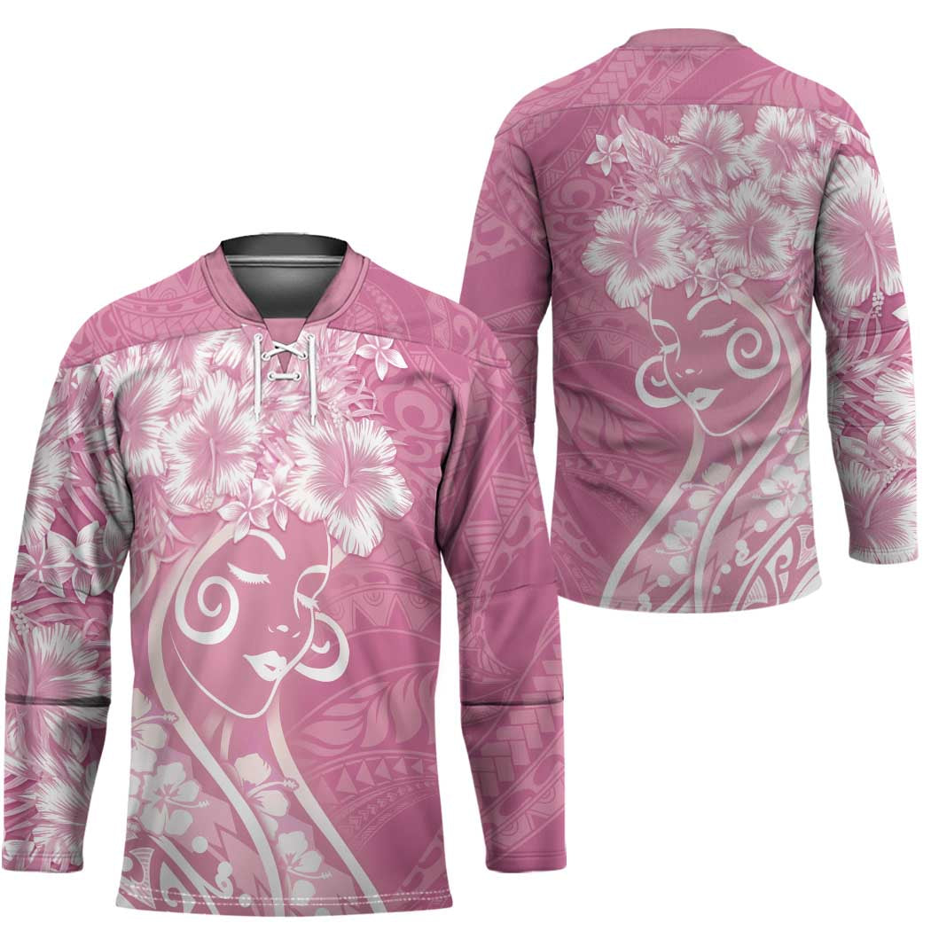 Polynesian Women's Day Hockey Jersey Pink Hibiscus Flowers With Polynesian Pattern
