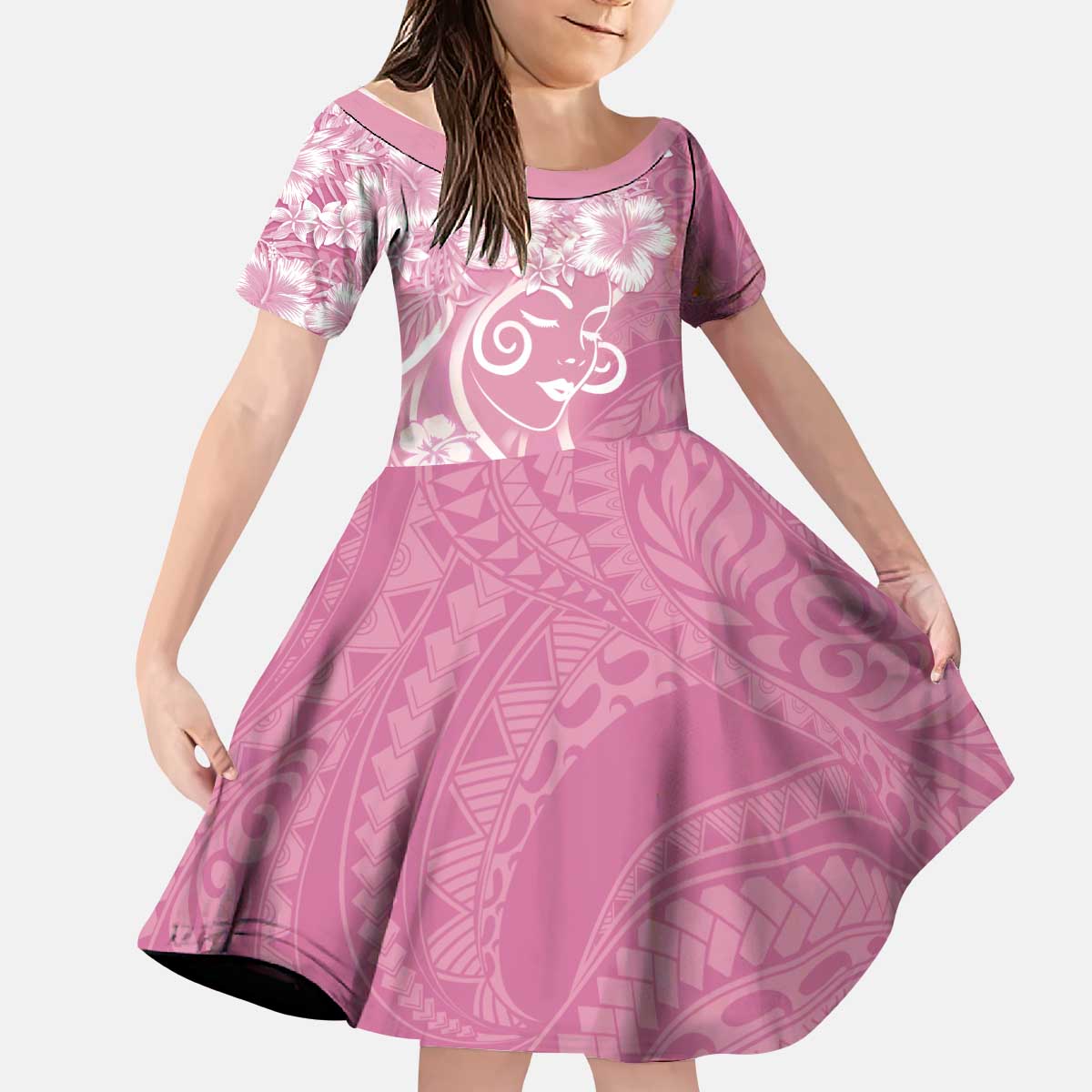 Polynesian Women's Day Kid Short Sleeve Dress Pink Hibiscus Flowers With Polynesian Pattern LT05 KID Pink - Polynesian Pride