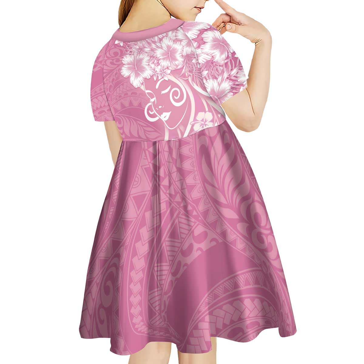 Polynesian Women's Day Kid Short Sleeve Dress Pink Hibiscus Flowers With Polynesian Pattern LT05 - Polynesian Pride
