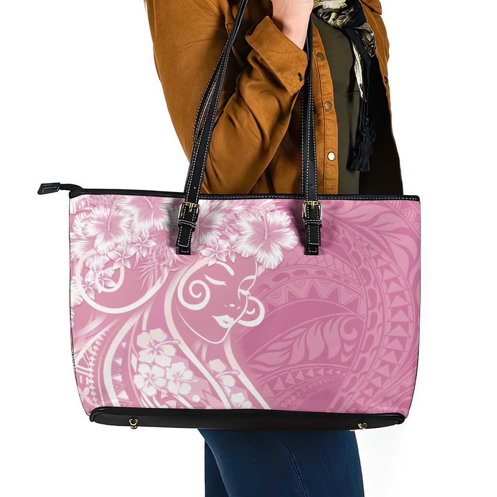 Polynesian Women's Day Leather Tote Bag Pink Hibiscus Flowers With Polynesian Pattern LT05 - Polynesian Pride