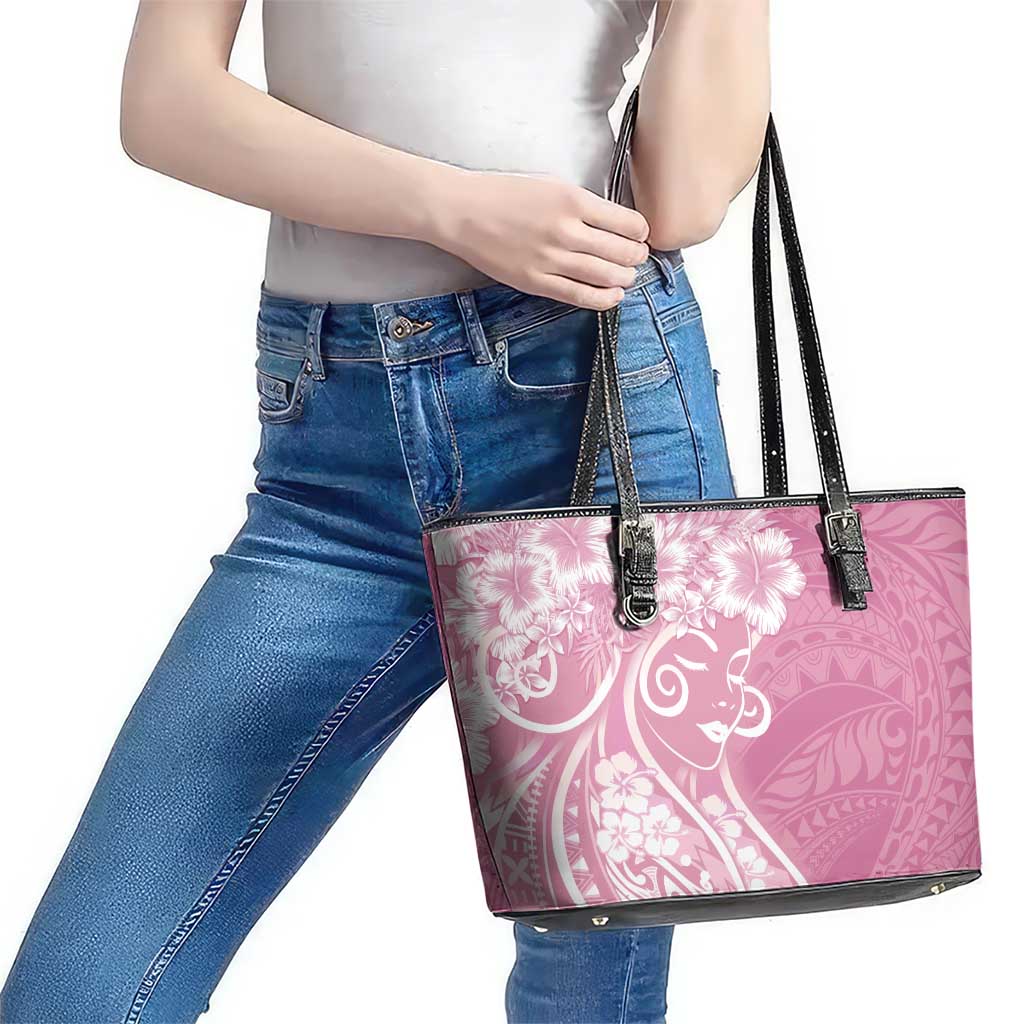 Polynesian Women's Day Leather Tote Bag Pink Hibiscus Flowers With Polynesian Pattern LT05 - Polynesian Pride