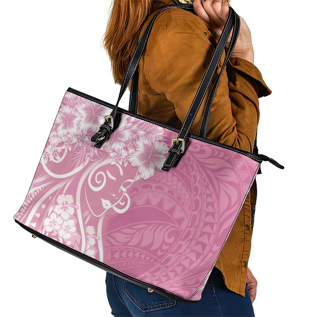 Polynesian Women's Day Leather Tote Bag Pink Hibiscus Flowers With Polynesian Pattern LT05 - Polynesian Pride