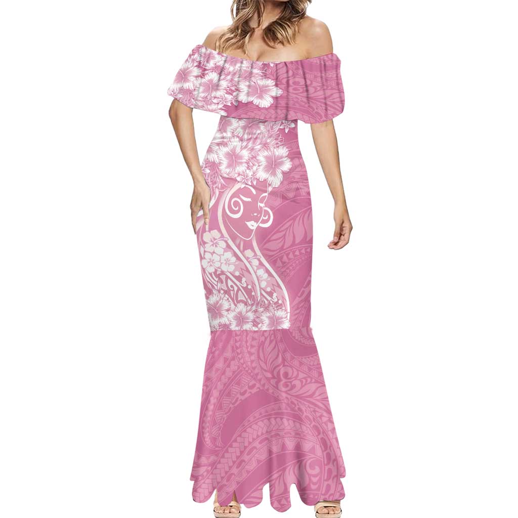 Polynesian Women's Day Mermaid Dress Pink Hibiscus Flowers With Polynesian Pattern LT05 - Polynesian Pride