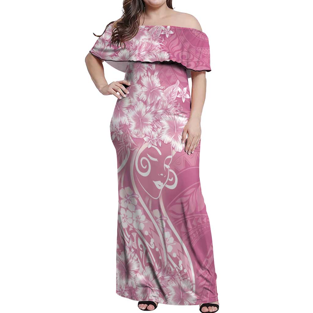 Polynesian Women's Day Off Shoulder Maxi Dress Pink Hibiscus Flowers With Polynesian Pattern