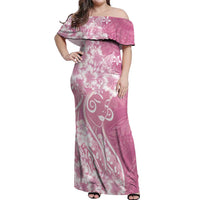 Polynesian Women's Day Off Shoulder Maxi Dress Pink Hibiscus Flowers With Polynesian Pattern