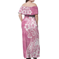 Polynesian Women's Day Off Shoulder Maxi Dress Pink Hibiscus Flowers With Polynesian Pattern