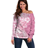 Polynesian Women's Day Off Shoulder Sweater Pink Hibiscus Flowers With Polynesian Pattern