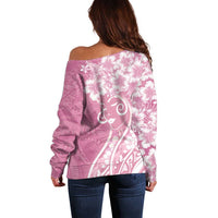 Polynesian Women's Day Off Shoulder Sweater Pink Hibiscus Flowers With Polynesian Pattern