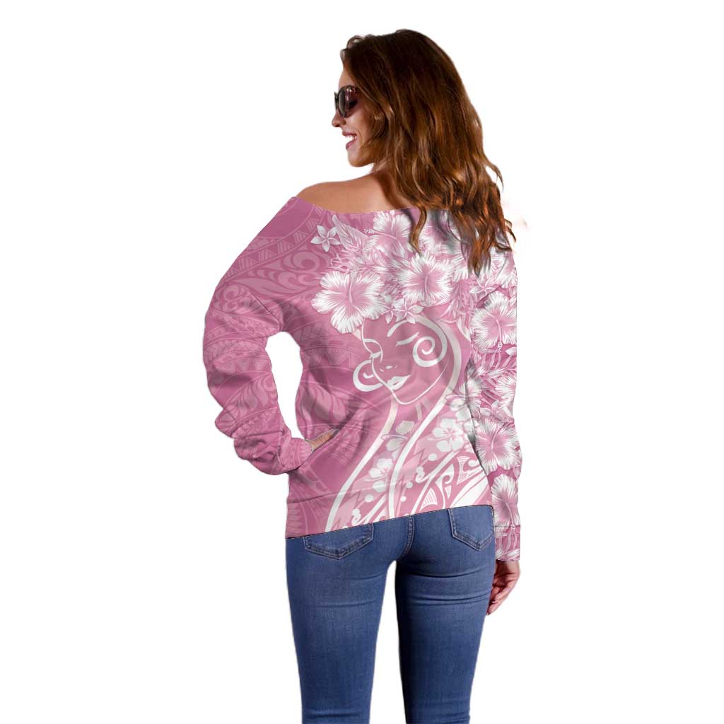Polynesian Women's Day Off Shoulder Sweater Pink Hibiscus Flowers With Polynesian Pattern