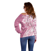 Polynesian Women's Day Off Shoulder Sweater Pink Hibiscus Flowers With Polynesian Pattern