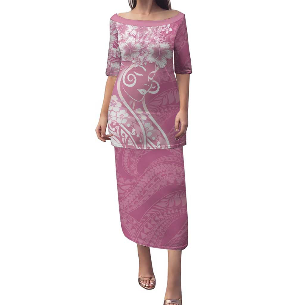 Polynesian Women's Day Puletasi Pink Hibiscus Flowers With Polynesian Pattern LT05 Long Dress Pink - Polynesian Pride