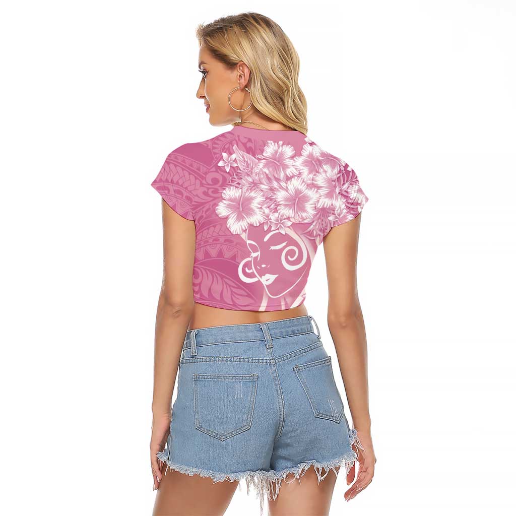 Polynesian Women's Day Raglan Cropped T Shirt Pink Hibiscus Flowers With Polynesian Pattern