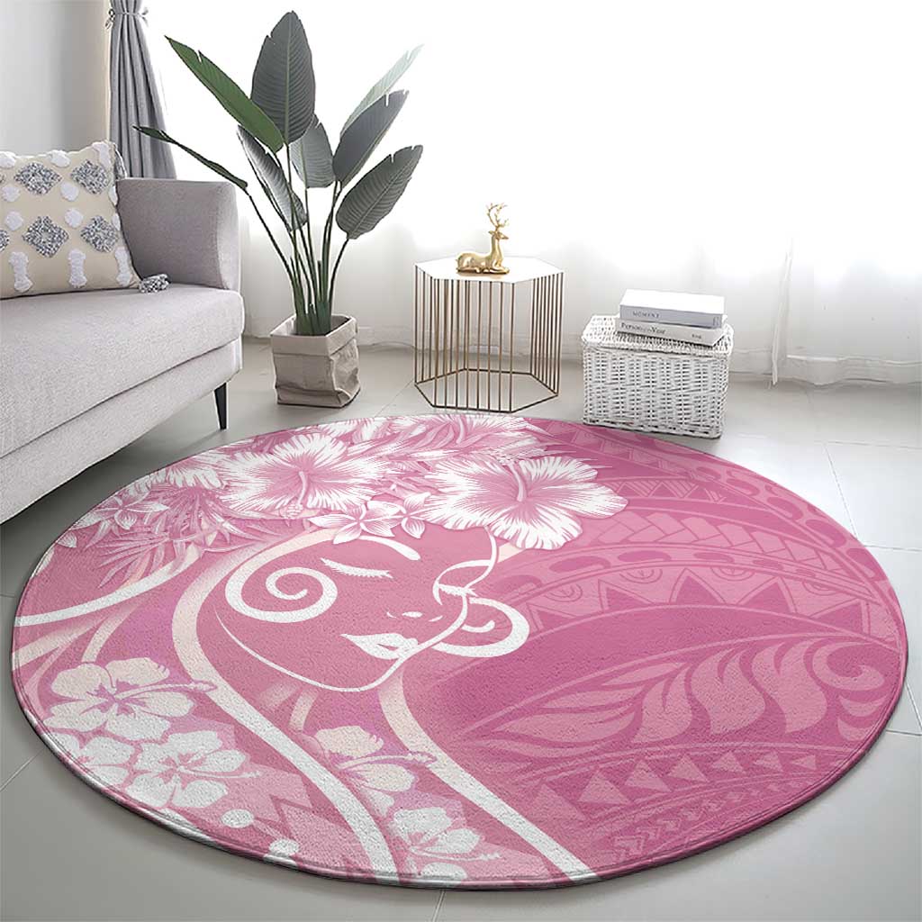Polynesian Women's Day Round Carpet Pink Hibiscus Flowers With Polynesian Pattern LT05 - Polynesian Pride