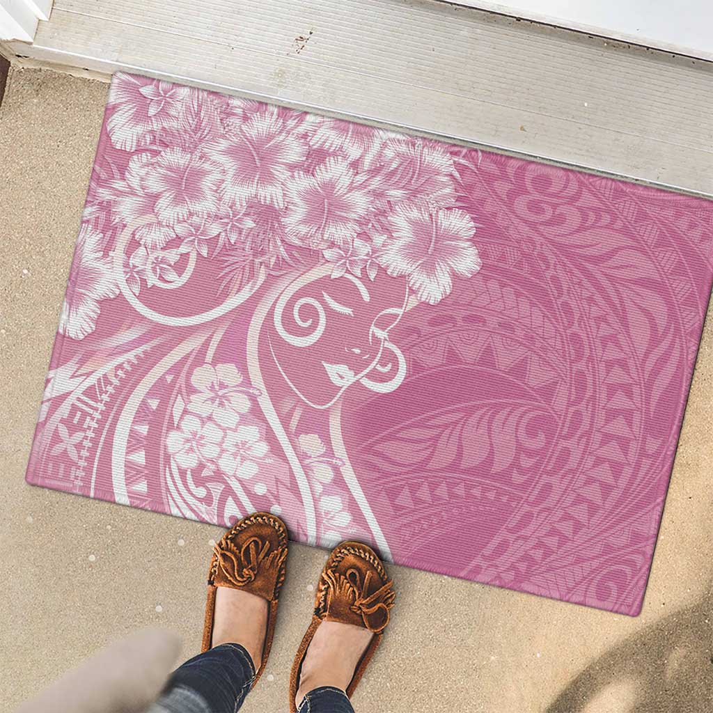 Polynesian Women's Day Rubber Doormat Pink Hibiscus Flowers With Polynesian Pattern LT05 - Polynesian Pride