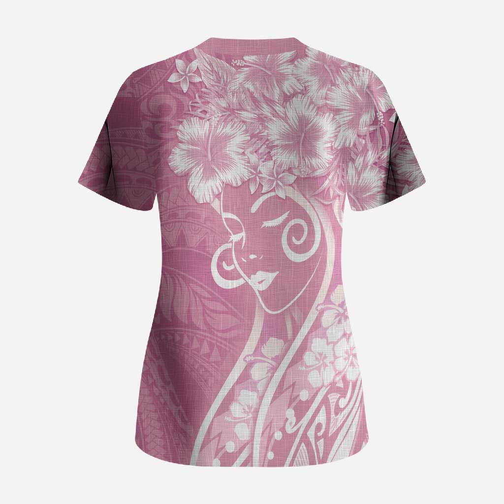Polynesian Women's Day Scrub Top Pink Hibiscus Flowers With Polynesian Pattern LT05 - Polynesian Pride