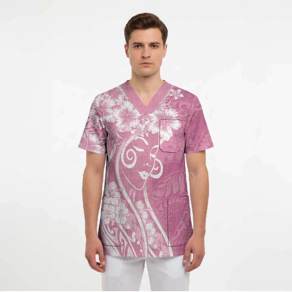 Polynesian Women's Day Scrub Top Pink Hibiscus Flowers With Polynesian Pattern LT05 - Polynesian Pride