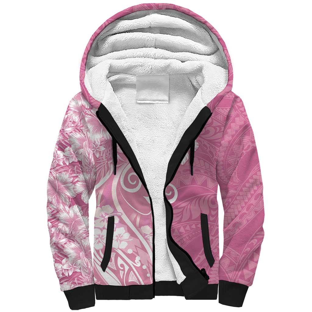Polynesian Women's Day Sherpa Hoodie Pink Hibiscus Flowers With Polynesian Pattern LT05 Unisex Pink - Polynesian Pride