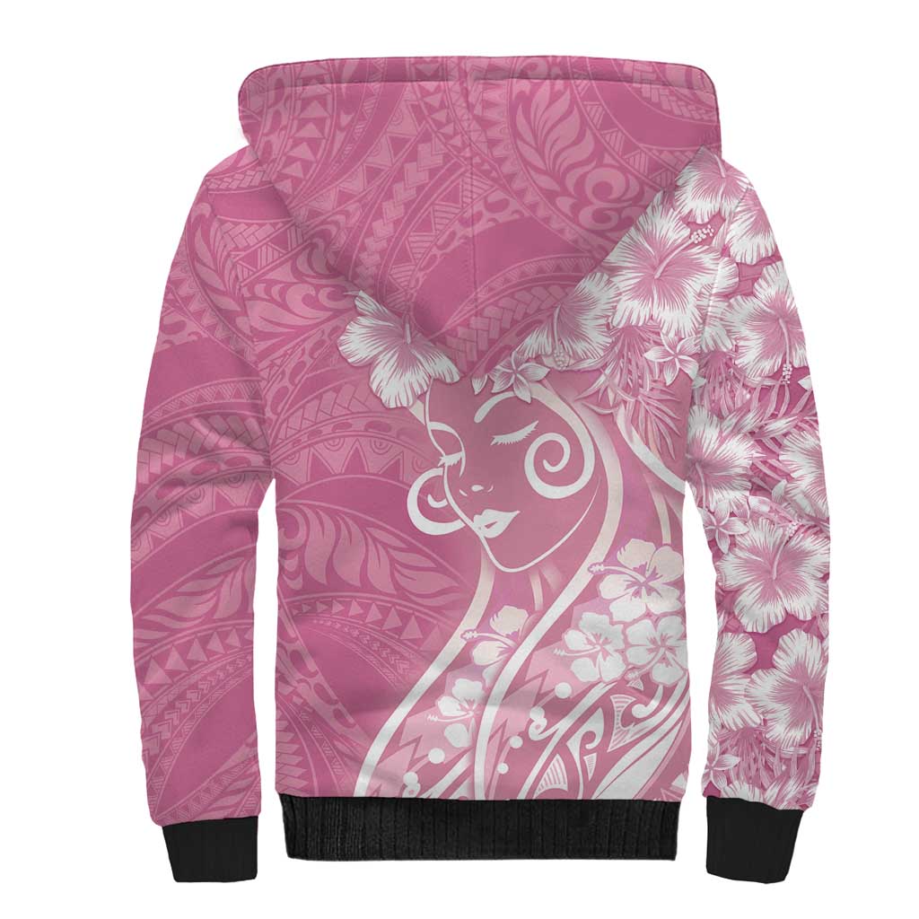 Polynesian Women's Day Sherpa Hoodie Pink Hibiscus Flowers With Polynesian Pattern LT05 - Polynesian Pride