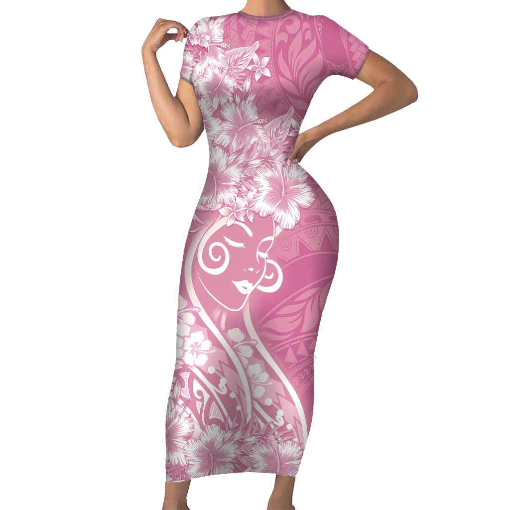 Polynesian Women's Day Short Sleeve Bodycon Dress Pink Hibiscus Flowers With Polynesian Pattern LT05 Long Dress Pink - Polynesian Pride