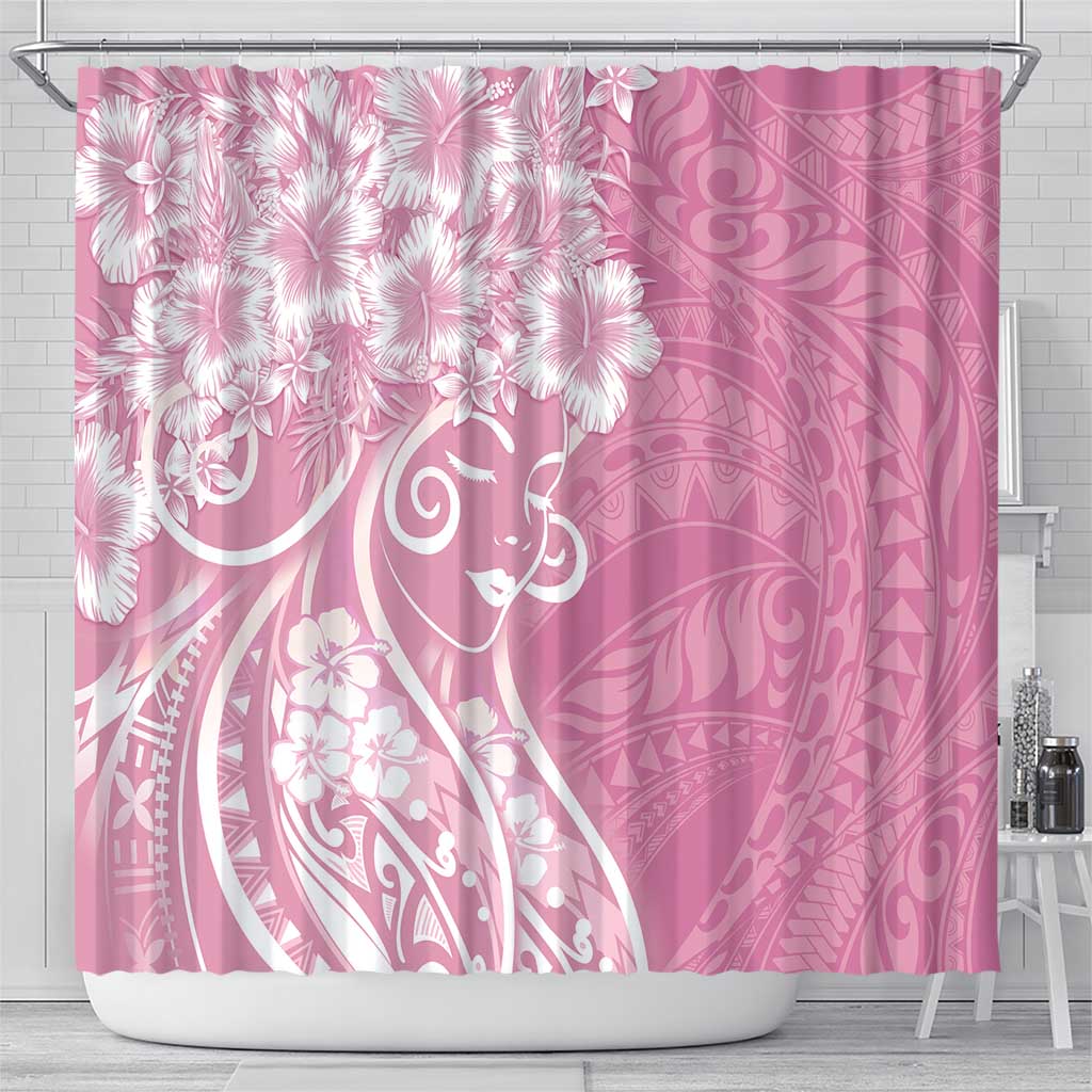 Polynesian Women's Day Shower Curtain Pink Hibiscus Flowers With Polynesian Pattern LT05 - Polynesian Pride