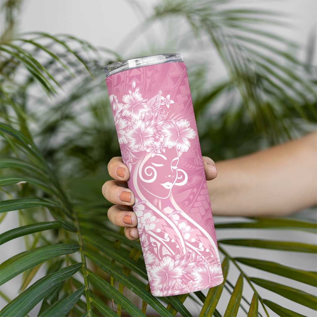 Polynesian Women's Day Skinny Tumbler Pink Hibiscus Flowers With Polynesian Pattern LT05 - Polynesian Pride