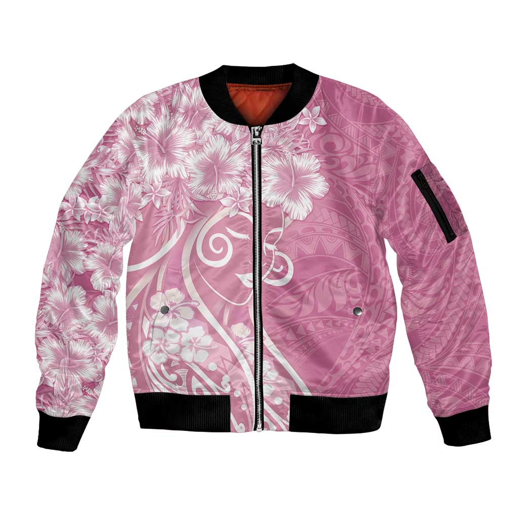 Polynesian Women's Day Sleeve Zip Bomber Jacket Pink Hibiscus Flowers With Polynesian Pattern LT05 Unisex Pink - Polynesian Pride