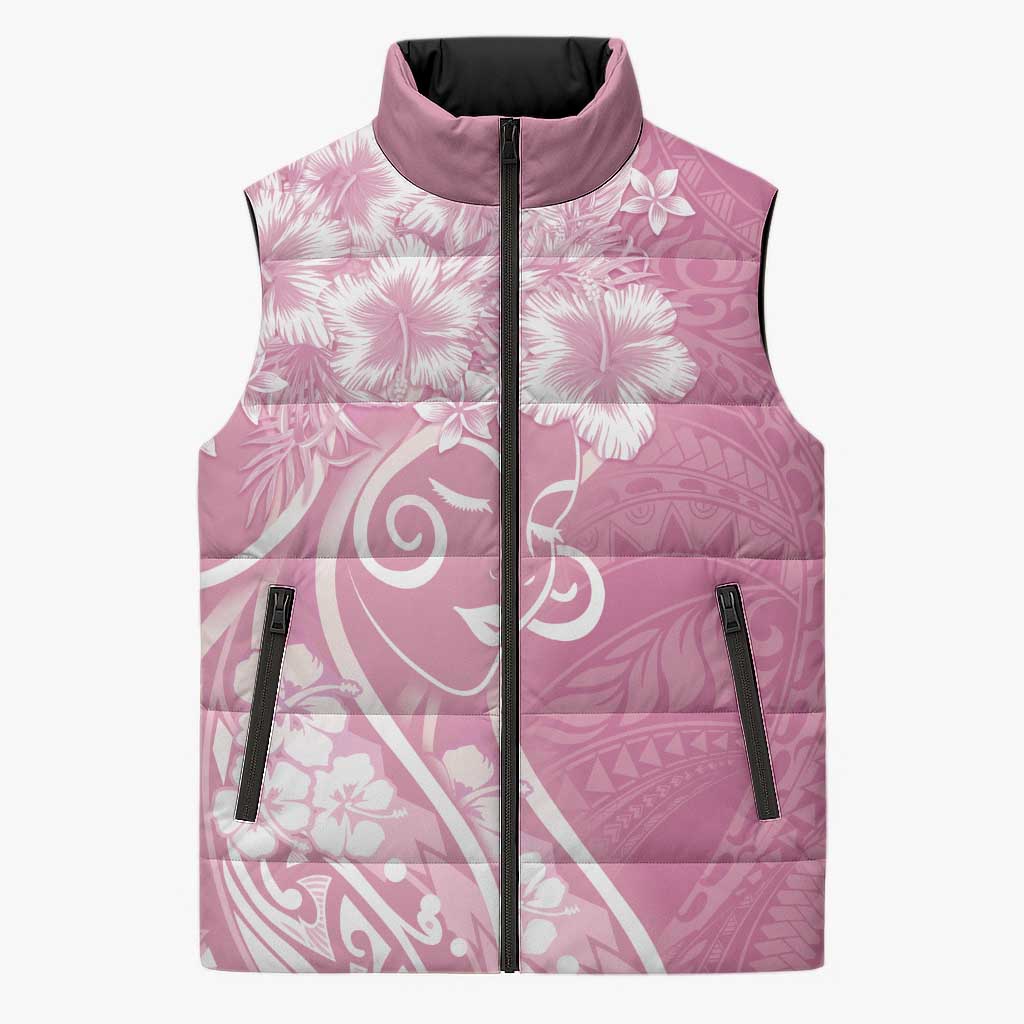 Polynesian Women's Day Sleeveless Puffer Jacket Pink Hibiscus Flowers With Polynesian Pattern LT05 Unisex Pink - Polynesian Pride